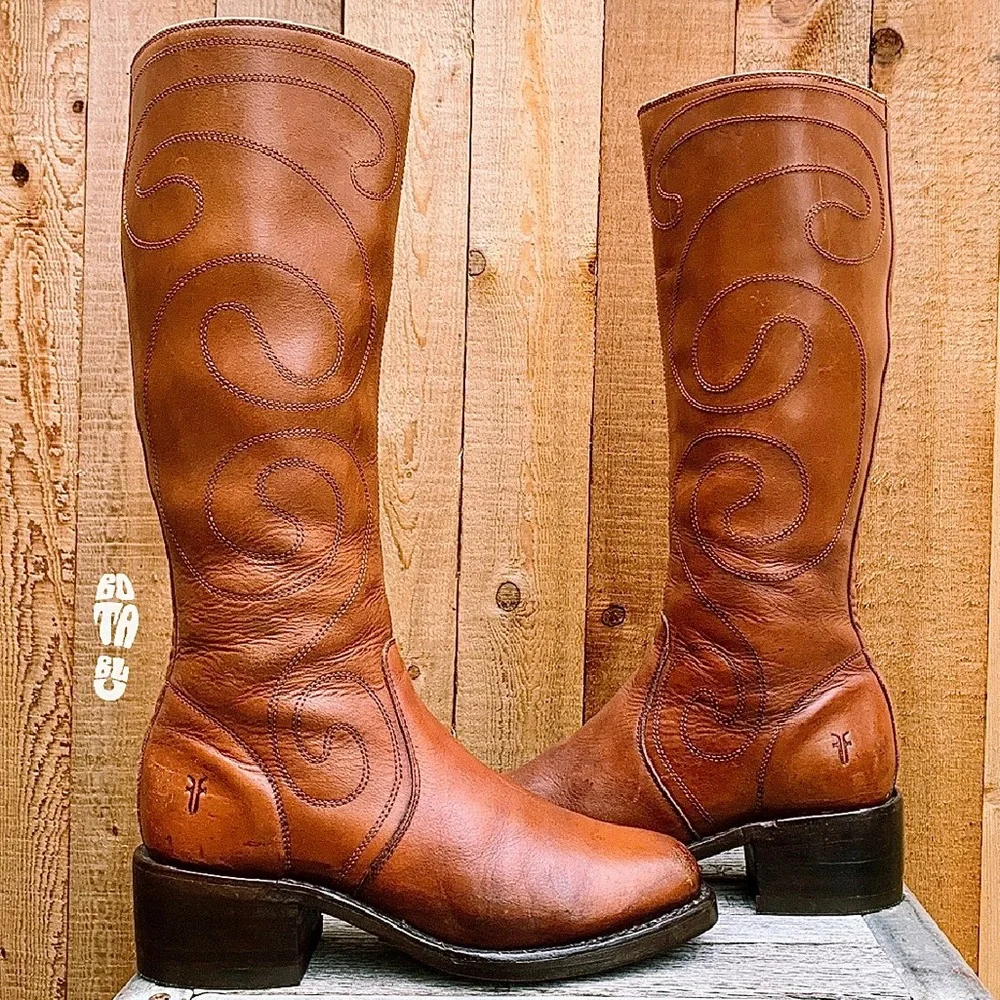 Sold Frye Campus Vintage Y2K Boots Retro Swirl Tall Knee High Chunky Brown Zip - Picture 10 of 11